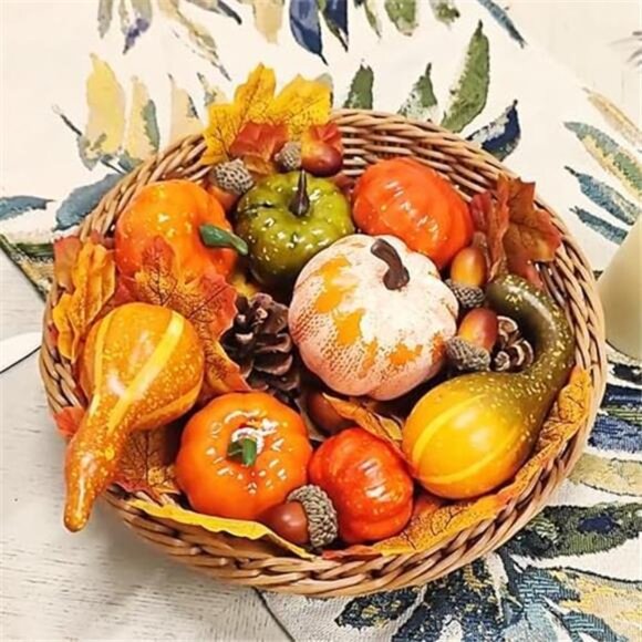 50-Piece Fall Pumpkins Decor Set: Mini Artificial Gourds, Leaves & Acorns - Picture 6 of 7